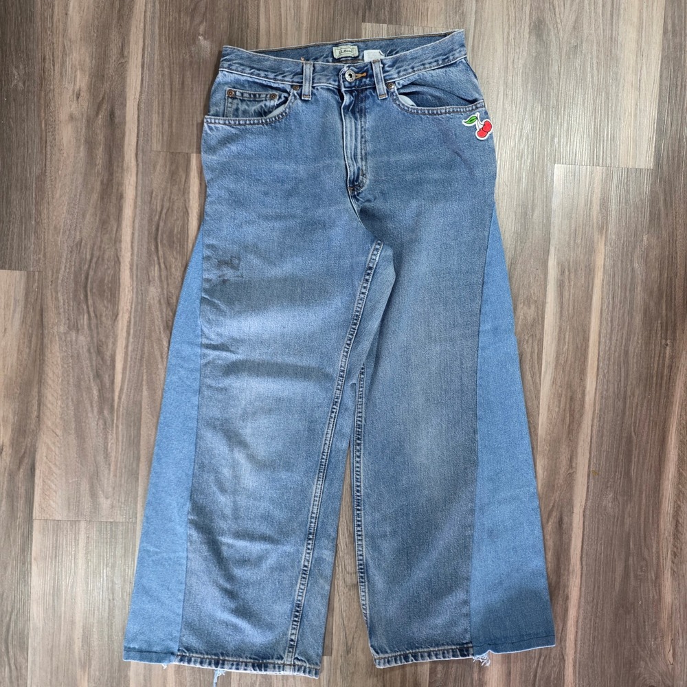 Custom LL Bean Womens Wide Leg Two Tone Paneled Cherry Jeans Blue Denim Size 10P